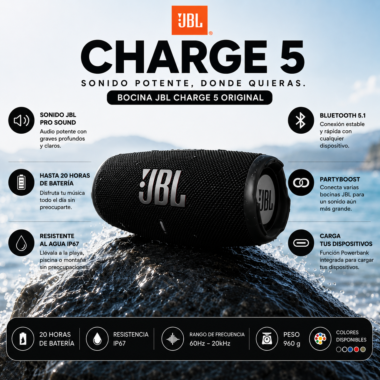 BOCINA JBL CHARGE 5 ORIGINAL – SONIDO POTENTE Y RESISTENTE AL AGUA