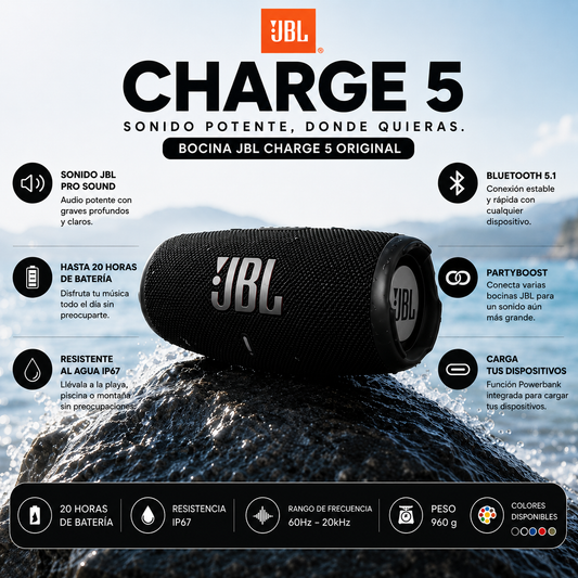 BOCINA JBL CHARGE 5 ORIGINAL – SONIDO POTENTE Y RESISTENTE AL AGUA
